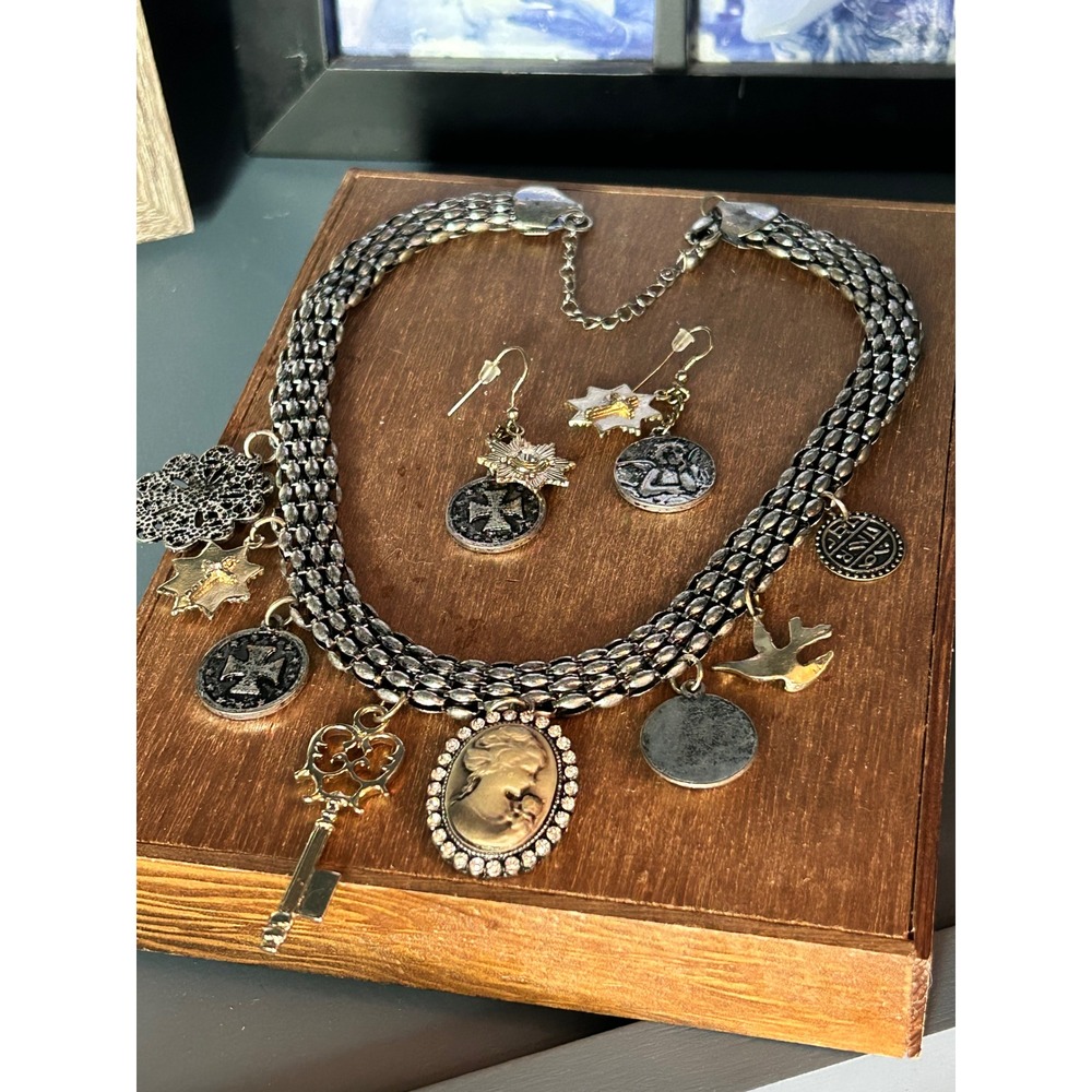 Vintage 20" Multi Strand Charm Necklace & Matching Earrings Cameo Mixed Metal